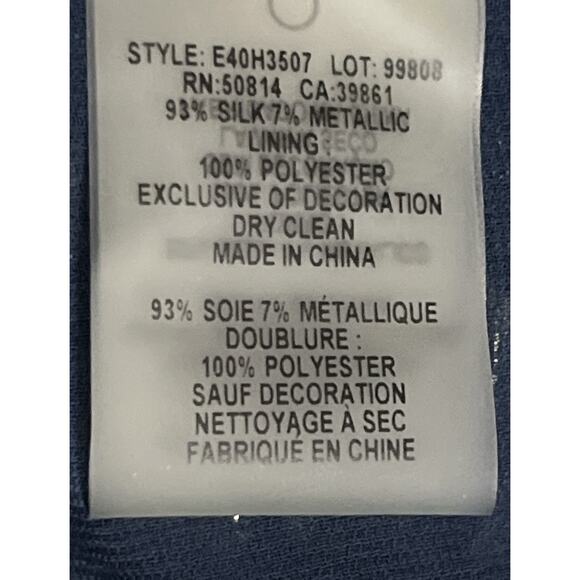 Elie Tahari L Silk Blouse Blue Cold Shoulder Metallic Embroidery Pleated Chiffon - Picture 7 of 14